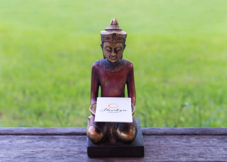 asiatische Figur hält Visitenkarten